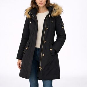 Michael Kors Faux Fur Hooded Black Parka Coat Gold Hardware Size L